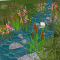 Beautiful Waterfront Landscape With Lush Vegetation Large Stones Flowing Water And Pink Flowers