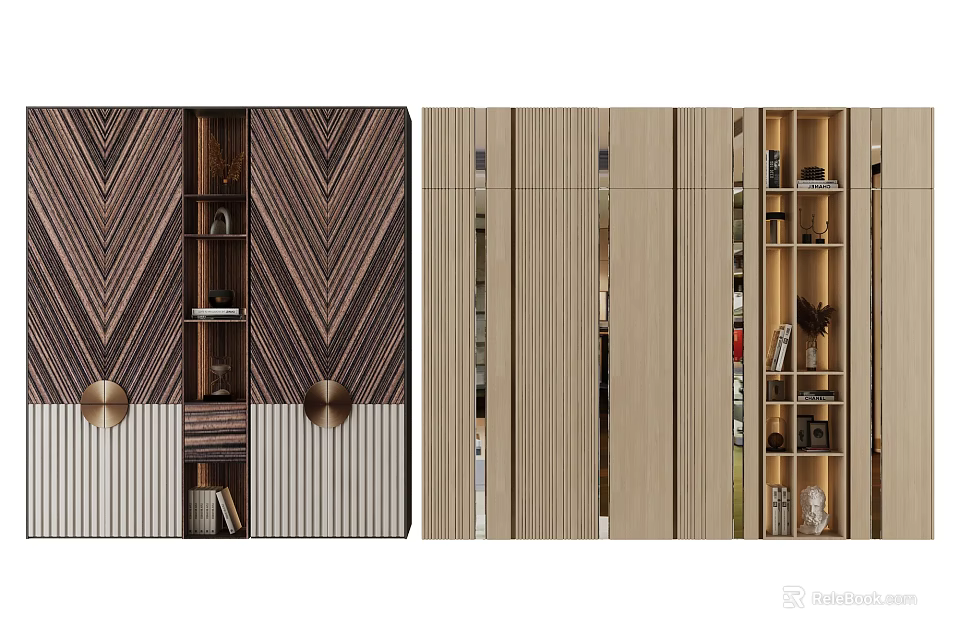 Modern Wardrobe Design Featuring Geometric Pattern Wooden Texture Metal Accents Glass Doors And Interior Storage 3d model 