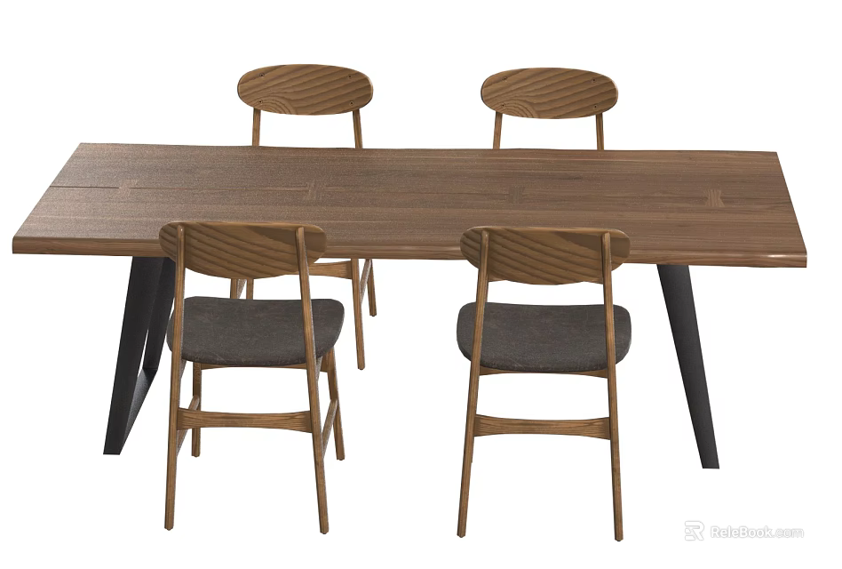 Modern Wooden Rectangular Dining Table Set With Black Legs And Grey Padded Chairs 3d model