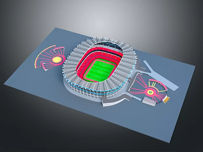 3D Stadium Model With Red Seats Green Turf And Fan Shaped Modern Design 3d model