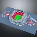 3D Stadium Model With Red Seats Green Turf And Fan Shaped Modern Design