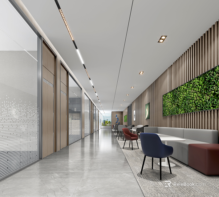 Modern Office Corridor Interior Design With Glass Partitions Wooden Walls and Green Living Wall 3d model 