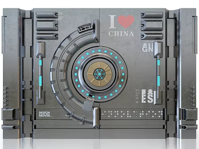Modern Hi Tech Metal Gate With Circular Design Love China Text And Gears 3d model