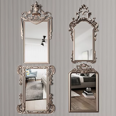 Ornate Decorative Mirrors Reflecting Living Room And Bedroom With Striped Wallpaper 3d model