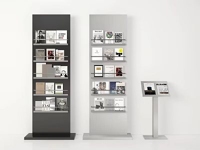 Modern Display Shelves With Magazines And Stand In White Interior Space 3d model