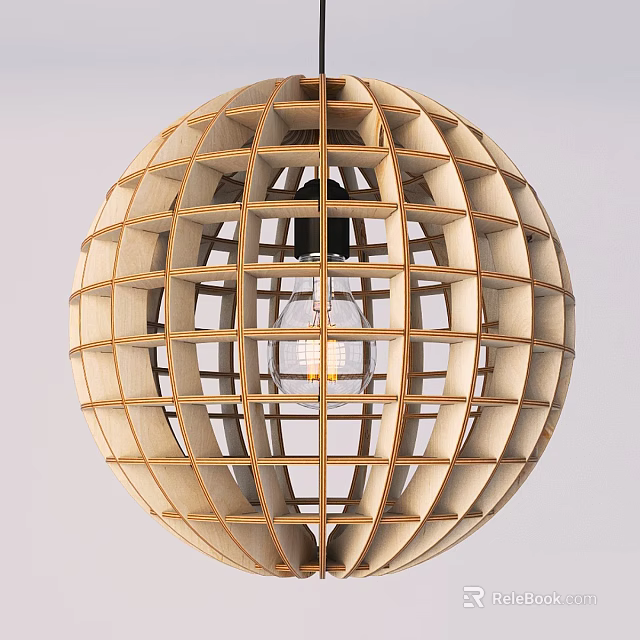 Decorative Wooden Spherical Pendant Light With Grid Pattern And Inner Bulb Design 3d model