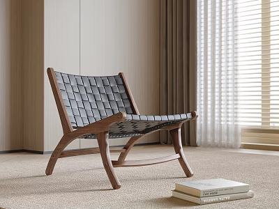 Woven Accent Chair with Wooden Frame in Modern Living Room with Light Carpet and Curtains 3d model