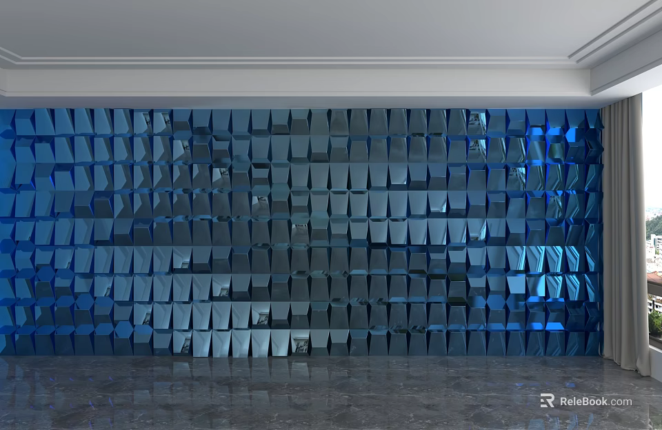 Modern Blue Background Wall With Square Reflective Panels And Geometric Design 3d model 