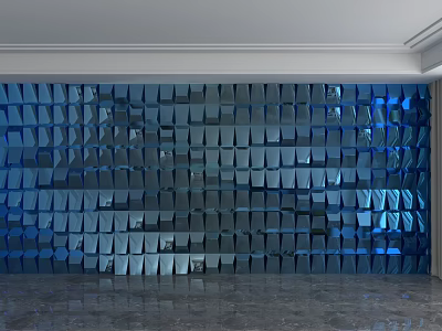 Modern Blue Background Wall With Square Reflective Panels And Geometric Design 3d model
