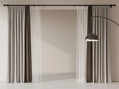 Modern Double Layer Curtains in Brown and Beige with Curtain Rod and Floor Lamp 3d model