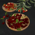 Ripe Strawberries And Juicy Cherries In Wooden Bowls With Fresh Green Leaves