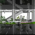 Modern Floral Art Installation With Hanging Plants Round Planters Staircase And Mirrored Floor