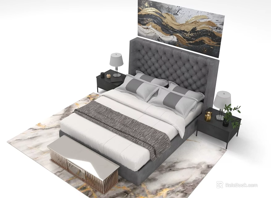 Elegant Modern Bedroom Bed With Tufted Headboard Marble Rug Abstract Painting Nightstands Lamps And Bench 3d model 