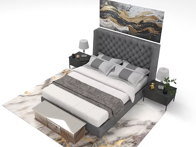 Elegant Modern Bedroom Bed With Tufted Headboard Marble Rug Abstract Painting Nightstands Lamps And Bench 3d model