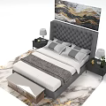 Elegant Modern Bedroom Bed With Tufted Headboard Marble Rug Abstract Painting Nightstands Lamps And Bench