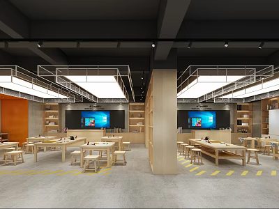 Modern School Innovative Learning Space With Wooden Tables Digital Screens And Bookshelves 3d model