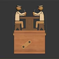 Multiple Wooden Dolls Wearing Uniforms and Hats on Mechanical Device with Levers and Drawers