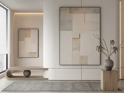 Modern Interior Space With Abstract Paintings Bench Vase And Soft Lighting 3d model