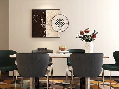 Modern Dining Room With Table Green Gray Chairs Gold Legs Wall Art And Vase Flowers 3d model
