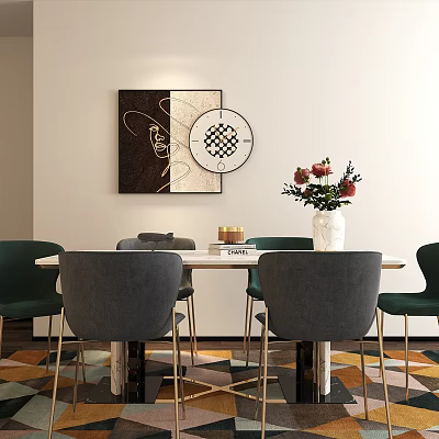 Modern Dining Room With Table Green Gray Chairs Gold Legs Wall Art And Vase Flowers 3d model