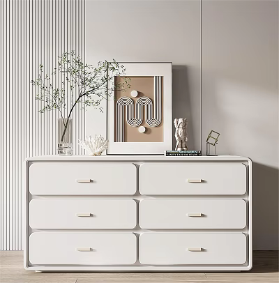 White Console Table With Drawers Green Plant Vase Geometric Painting Vertical Striped Wall 3d model