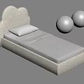 Beige Kids Bed With Curved Upholstered Headboard White Pillow Light Brown Blanket And Decorative Balls