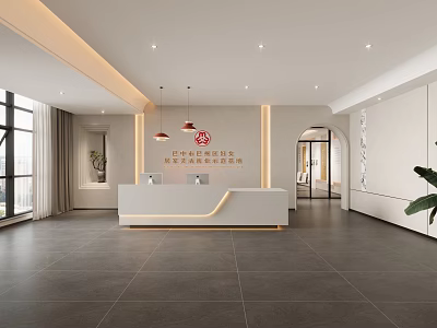 Stylish Modern Office Reception Counter With Warm Ambient Lights And Spacious Elegant Lobby Space 3d model