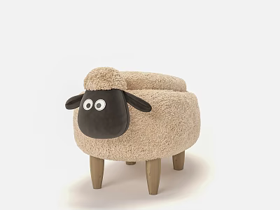 Sheep Shaped Stool With Beige Plush Surface Black Face And Wooden Legs 3d model