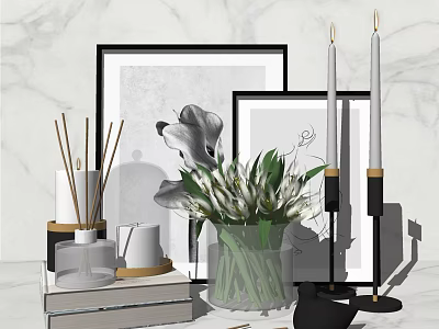Elegant Decorative Ornament Combination with Framed Artworks Vase Flowers Candles Reed Diffuser and Books 3d model