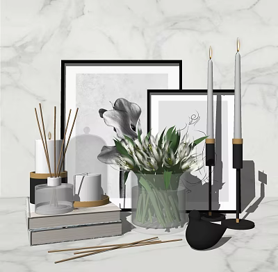 Elegant Decorative Ornament Combination with Framed Artworks Vase Flowers Candles Reed Diffuser and Books 3d model