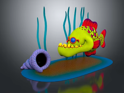 Cartoon Green Fish With Red Spots Yellow Teeth Blue Eyes Near Purple Conch Green Seaweed 3d model