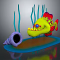 Cartoon Green Fish With Red Spots Yellow Teeth Blue Eyes Near Purple Conch Green Seaweed