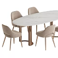 Elegant Modern Dining Table Set With Oval Marble Top And Six Light Beige Chairs 3d model