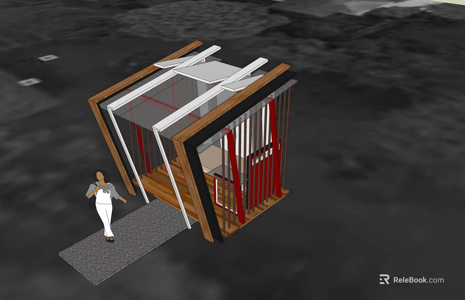 Small Modern Booth With Wooden Frame Red Railings And Transparent Roof Near Person 3d model 