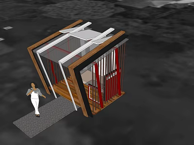 Small Modern Booth With Wooden Frame Red Railings And Transparent Roof Near Person 3d model