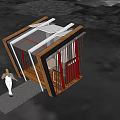 Small Modern Booth With Wooden Frame Red Railings And Transparent Roof Near Person