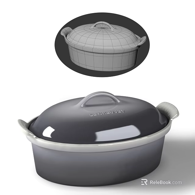 Gray Covered Kitchen Cooking Pot With Handles And Enamel Surface For Home Use 3d model 