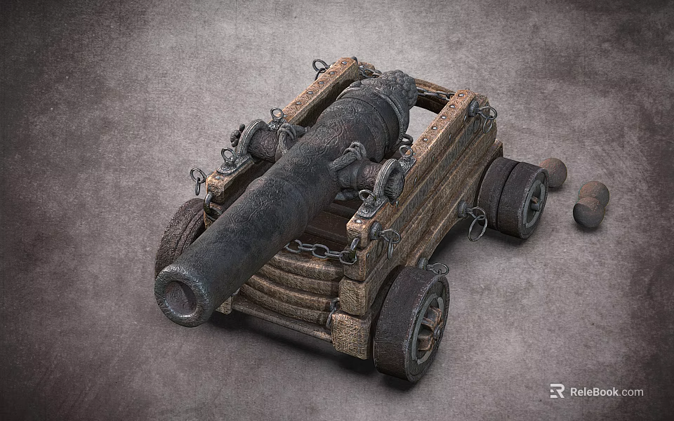 Vintage Metal Cannon With Wooden Carriage Wheels And Cannonballs On Gray Surface 3d model 