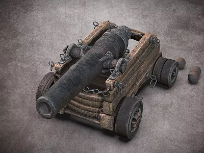 Vintage Metal Cannon With Wooden Carriage Wheels And Cannonballs On Gray Surface 3d model