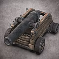 Vintage Metal Cannon With Wooden Carriage Wheels And Cannonballs On Gray Surface