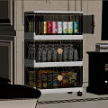 Stylish Storage Cabinet with Transparent Doors Multiple Shelves for Food Storage on Wheels in Room