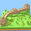 Cartoon Great Wall 3D Model With Low Poly Design Green Trees And Watchtowers