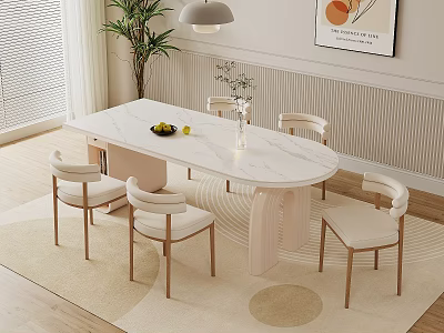 Modern Dining Table Set with White Oval Table Four Chairs Flower Vase and Fruit Bowl 3d model
