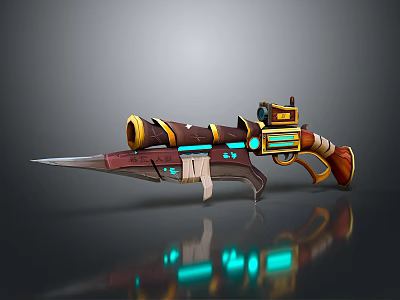 Futuristic Retro Blaster Weapon With Blade Blue Glowing Accents Wooden Grip And Metallic Parts 3d model