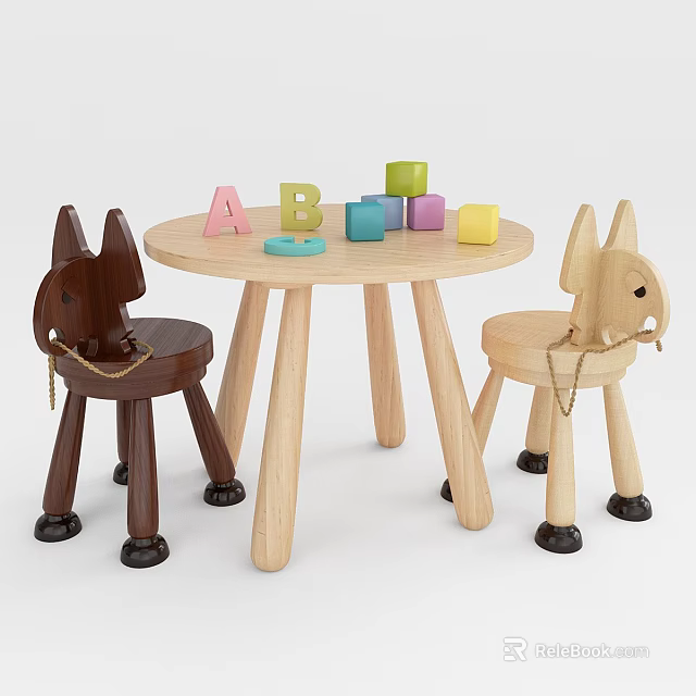 Kids Wooden Table and Chairs Set With Rocking Horse Shaped Chairs And Colorful Alphabet Blocks 3d model 
