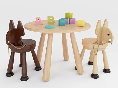 Kids Wooden Table and Chairs Set With Rocking Horse Shaped Chairs And Colorful Alphabet Blocks 3d model