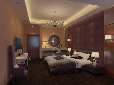 Elegant Hotel Guest Room With Tufted Purple Headboard Chandelier And Bedside Lamps 3d model