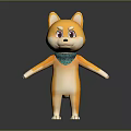 3D Cartoon Shiba Inu Game Movie Character With Yellow Fur Green Scarf And Red Eyes