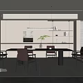 Modern Restaurant Dining Area With Large Table Four Chairs Hanging Lights And Minimalist Decor