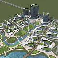 Modern High Rise Office Buildings With Green Spaces Water Features And Master Plan